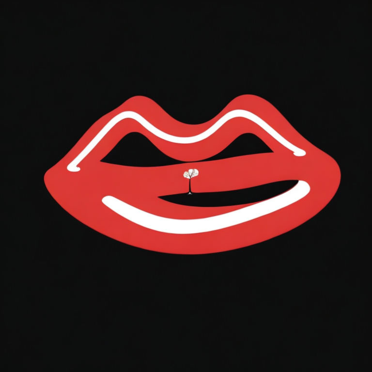 Stylized red lips with white outline and heart on black background