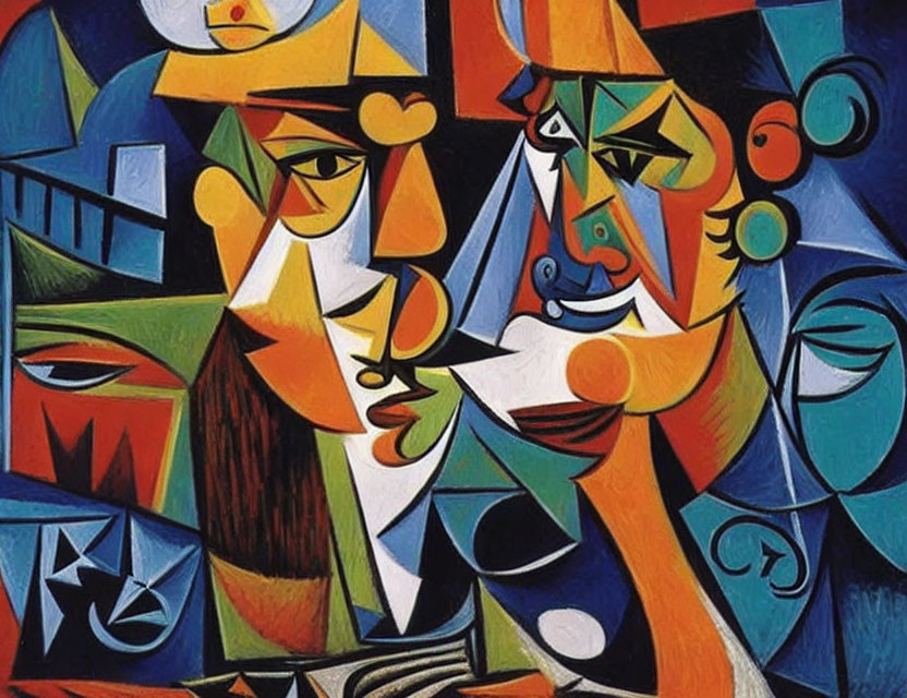 Colorful Cubist Painting with Geometric Shapes and Overlapping Faces