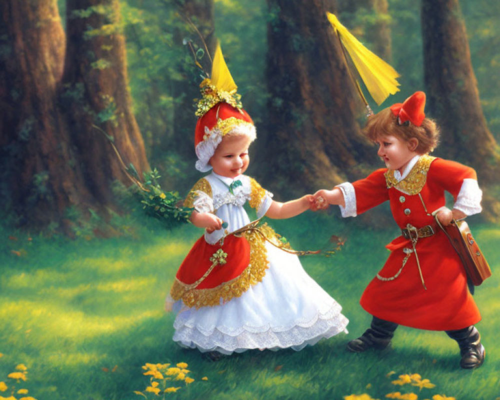 Children in royal costumes holding hands in sunlit forest with greenery and yellow flowers