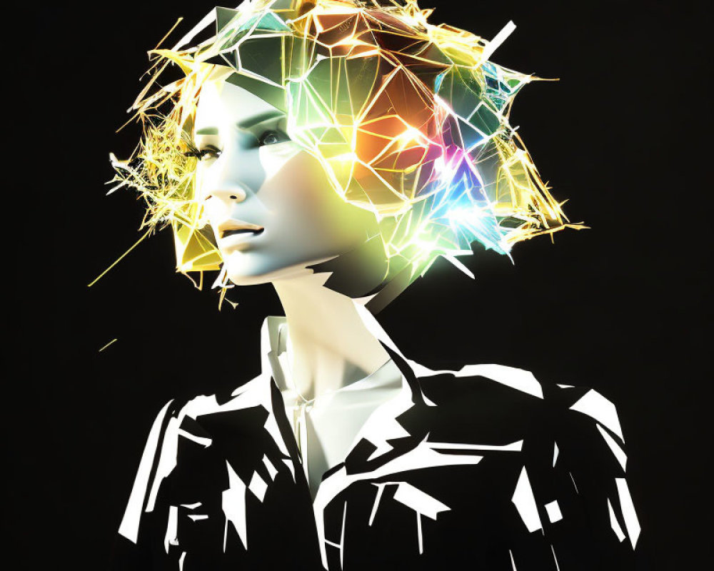 Stylized digital art: Luminescent geometric hair on dark background