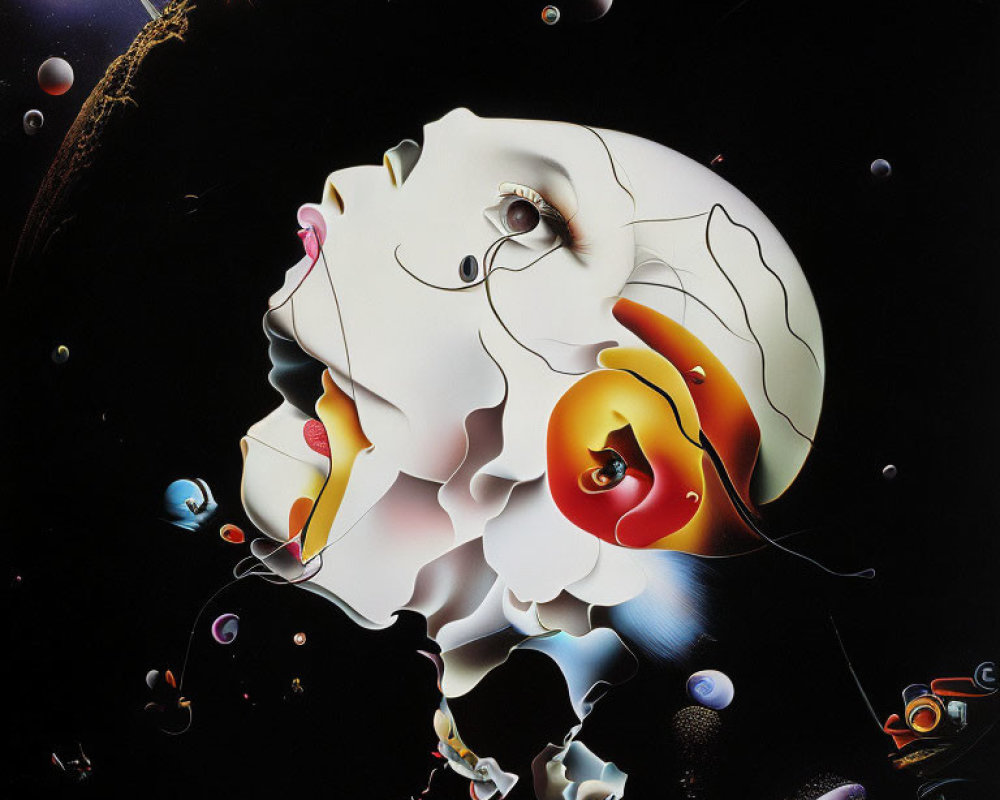 Abstract surreal artwork featuring floating orbs, abstract faces, and cosmic elements