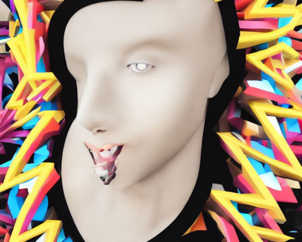 Surreal white mannequin head with single eye and colorful tubular shapes.