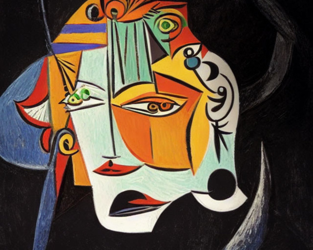 Colorful Cubist Portrait with Overlapping Faces and Geometric Shapes