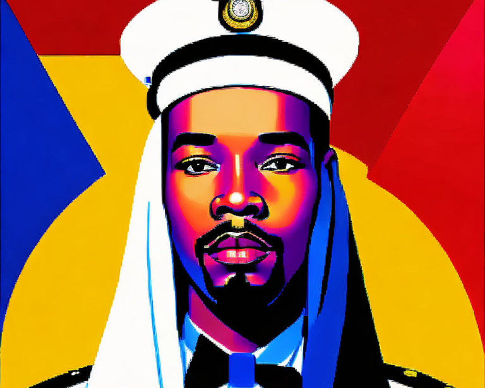 Vibrant pop art portrait of a man in naval officer attire on red and blue backdrop