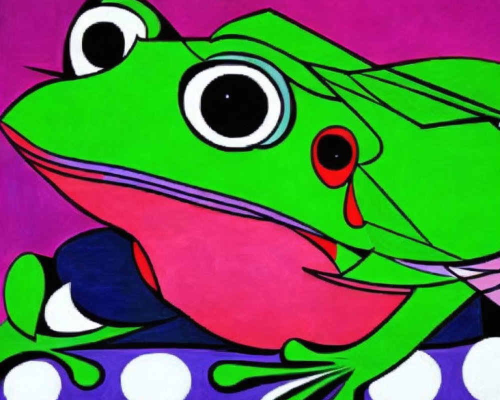 Vibrant cartoon drawing of a green frog with pink tongue