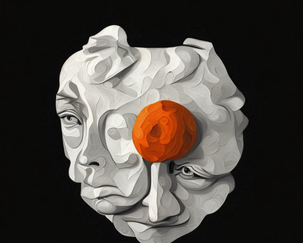 Abstract Art: Fragmented Face with Swirl Patterns and Orange Sphere on Black Background