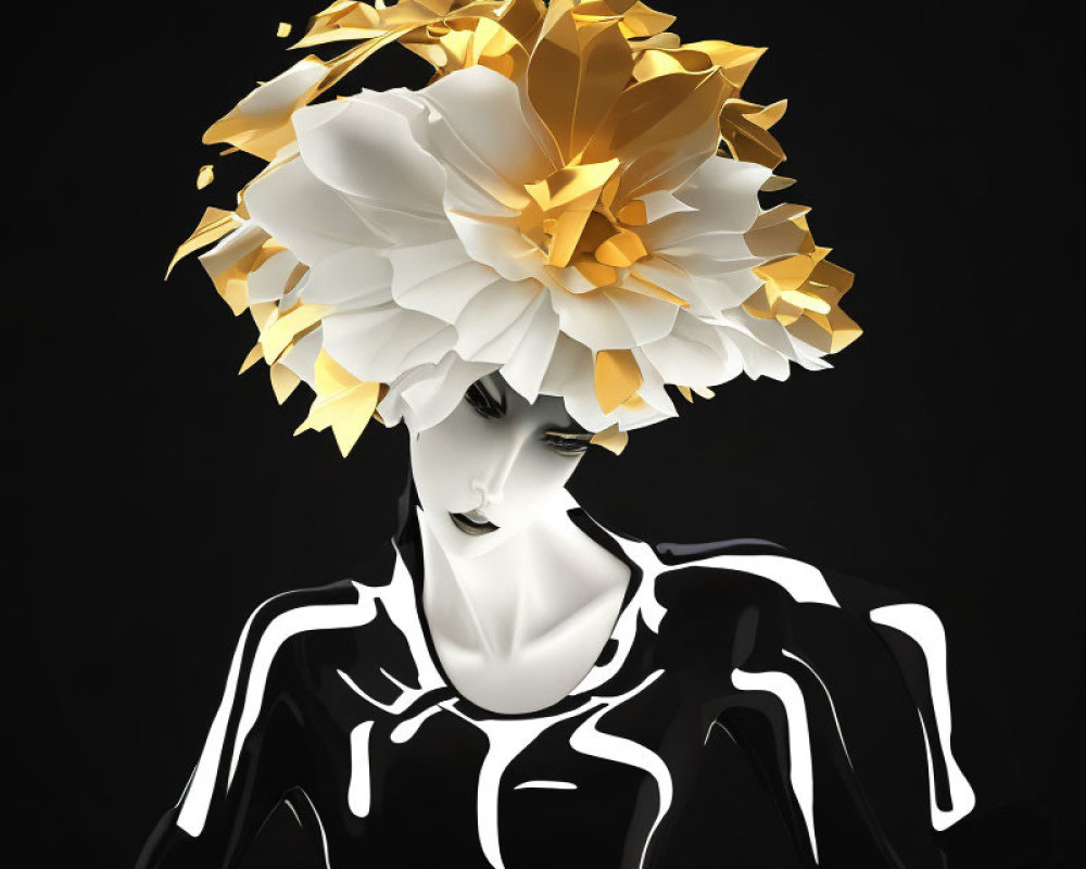 Monochrome figure with striped outfit and golden headdress on black background