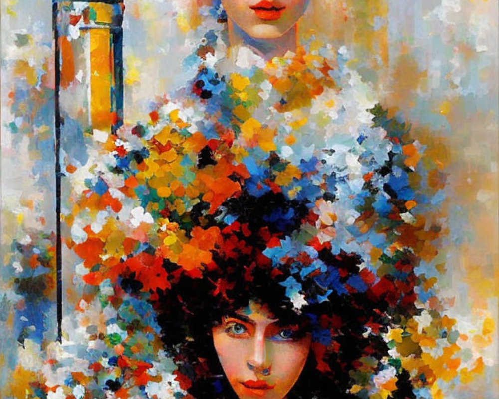 Vibrant impressionist painting of two women with floral motifs and classical column