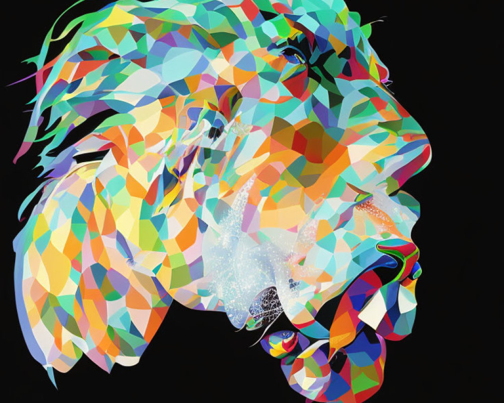 Colorful polygon mosaic lion head digital art on black background