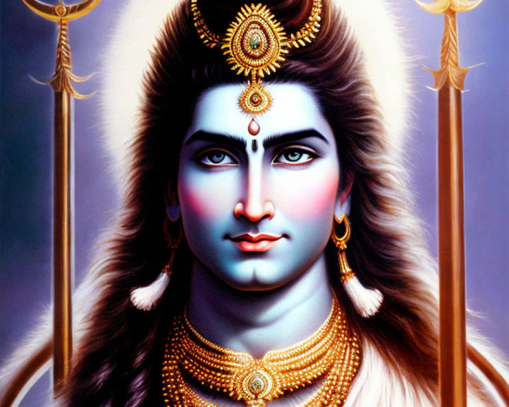 Blue-skinned Hindu deity with trident and third eye portrait.