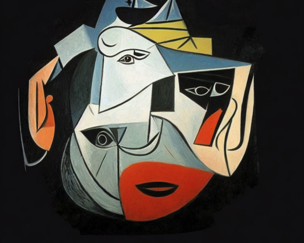 Geometric Cubist Artwork of Fragmented Figure on Black Background