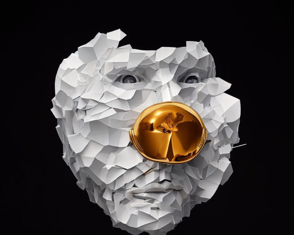 Fragmented white surfaces with golden astronaut helmet visor on human face