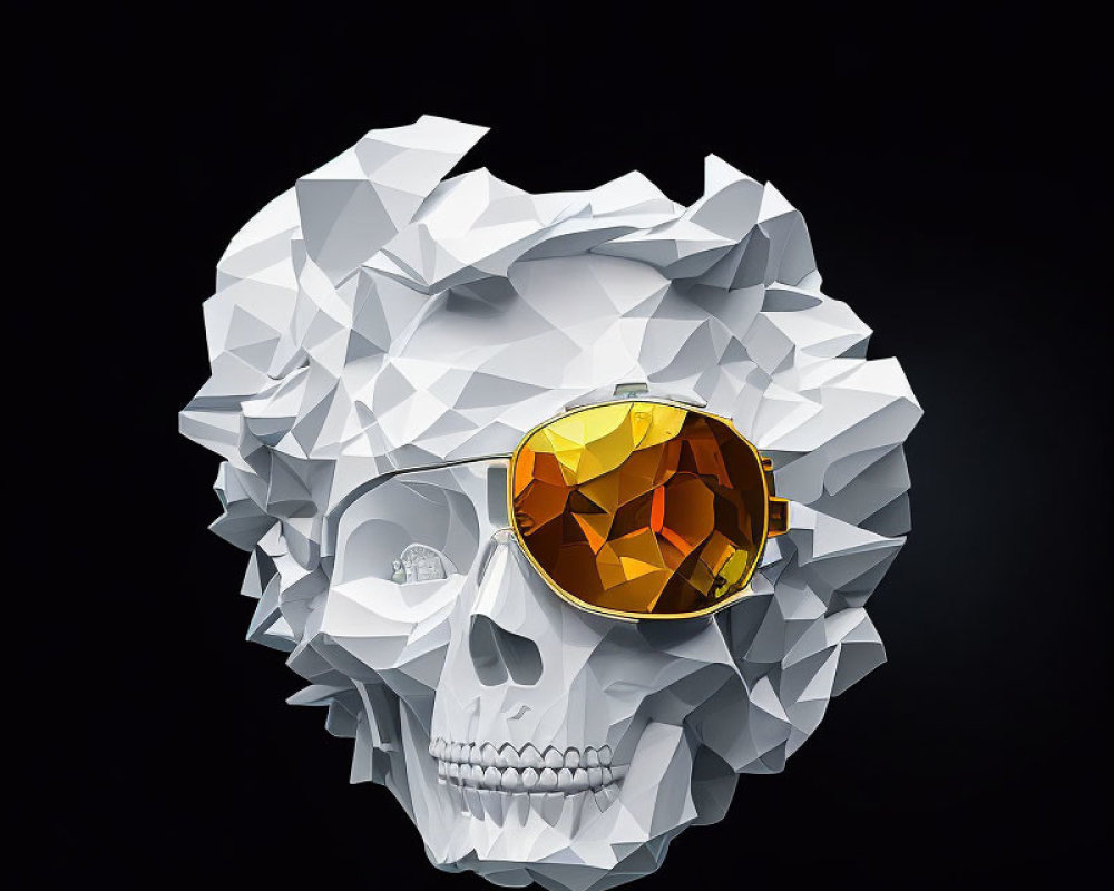 White Polygonal Skull with Golden Eyepatch on Black Background