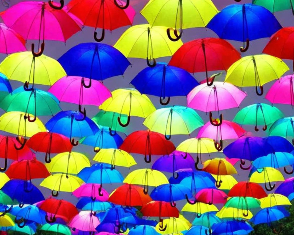 Multicolored Umbrellas Suspended in Vibrant Display