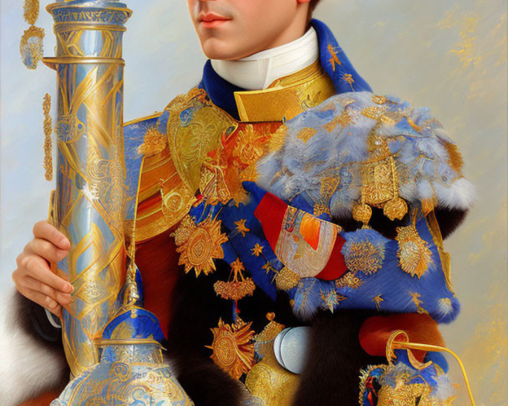 Portrait of a person in ornate uniform with medals, fur cloak, and hat