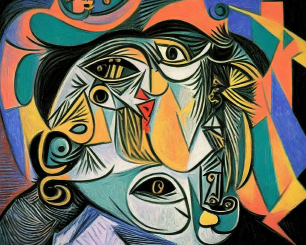 Colorful Cubist Painting of Distorted Face and Geometric Shapes