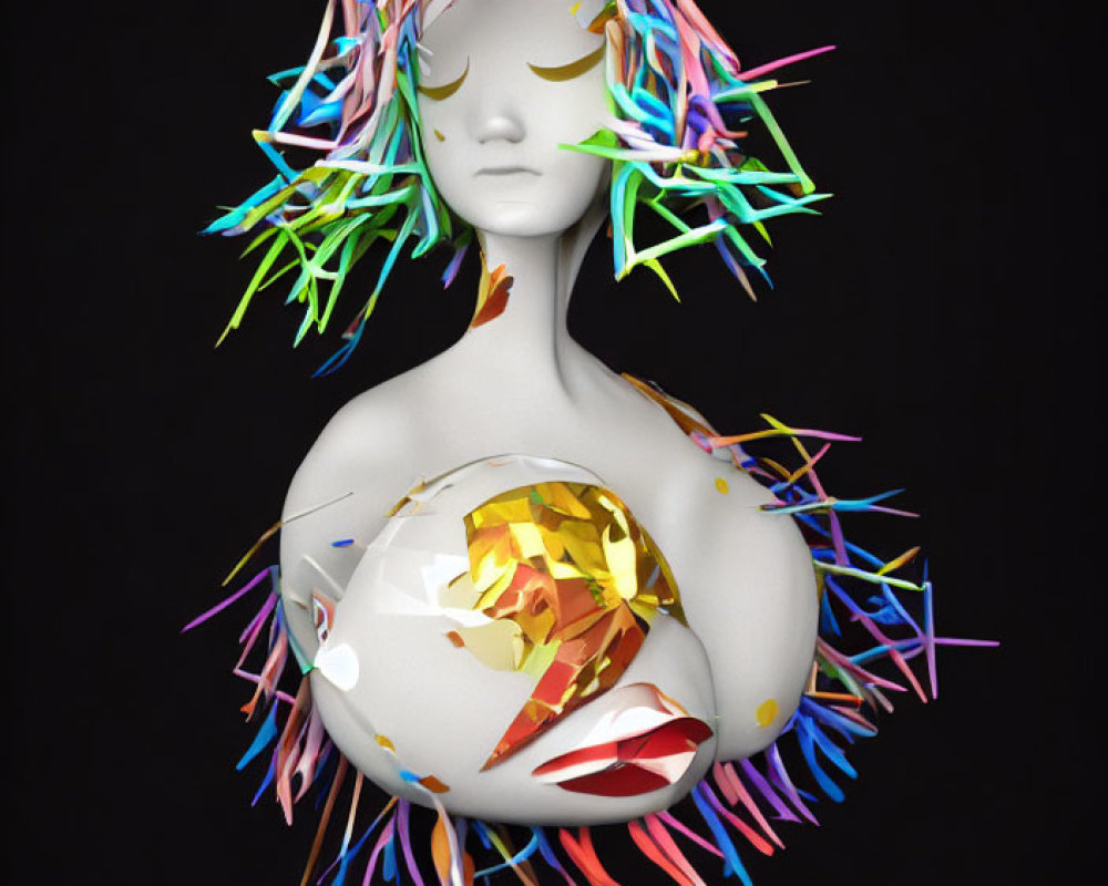 Surreal 3D illustration of fragmented female figure with multicolored shards on black background