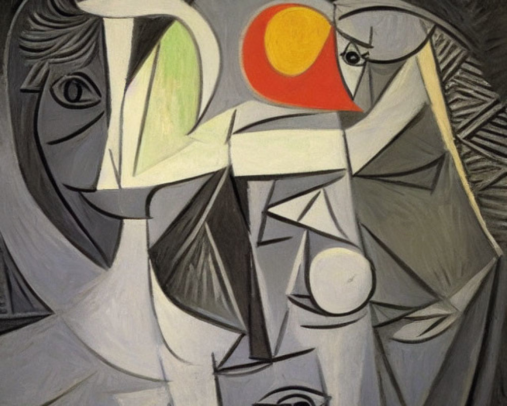 Geometric Cubist painting with fragmented figures and red sun/moon