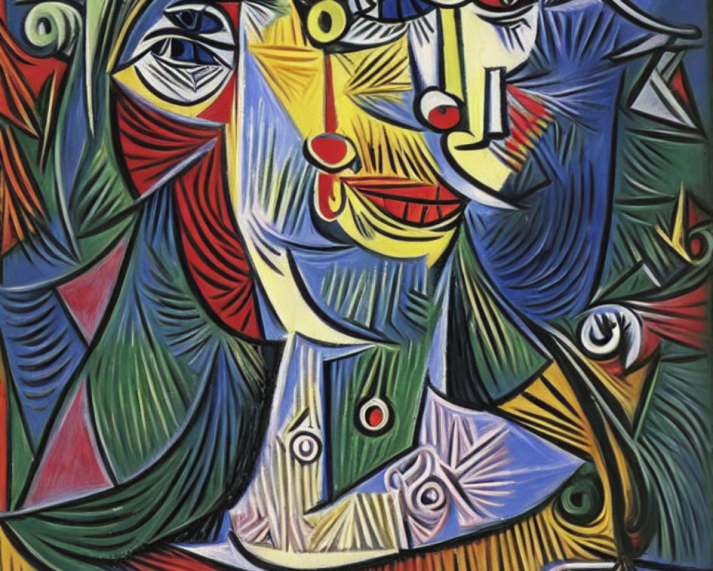 Colorful Cubist Painting: Distorted Face with Geometric Shapes