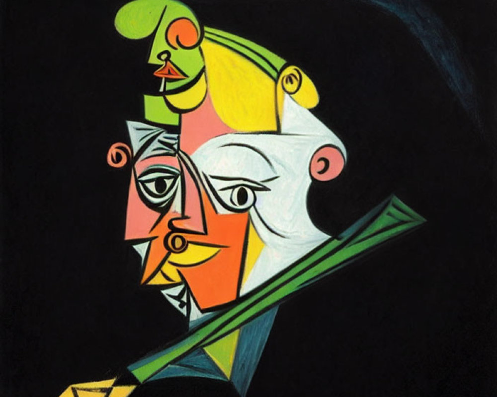 Geometric Cubist Portrait in Yellow, Green, and White on Black Background