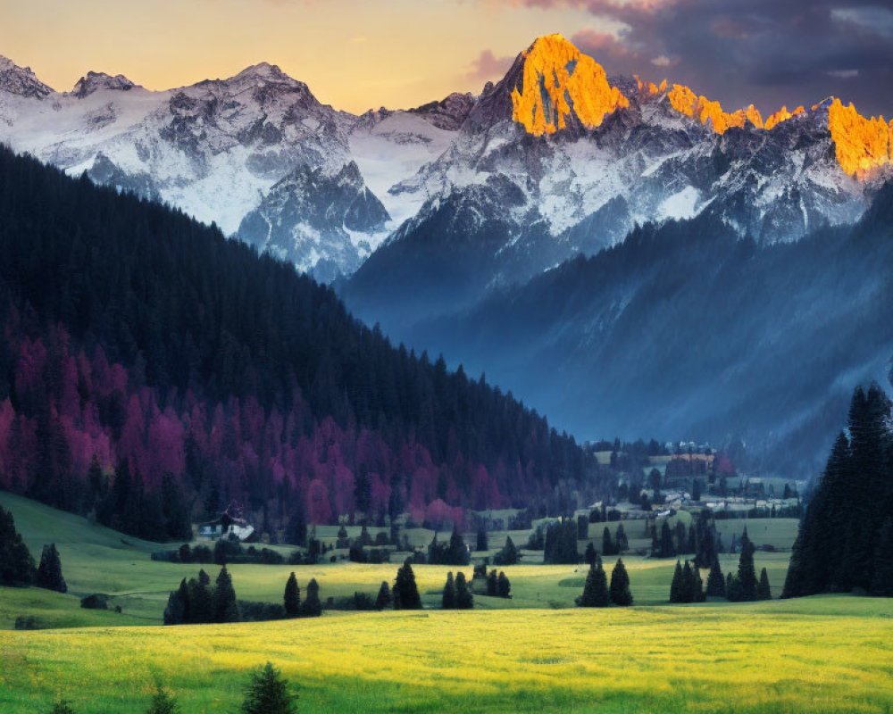 Snow-capped mountains and lush landscape at twilight