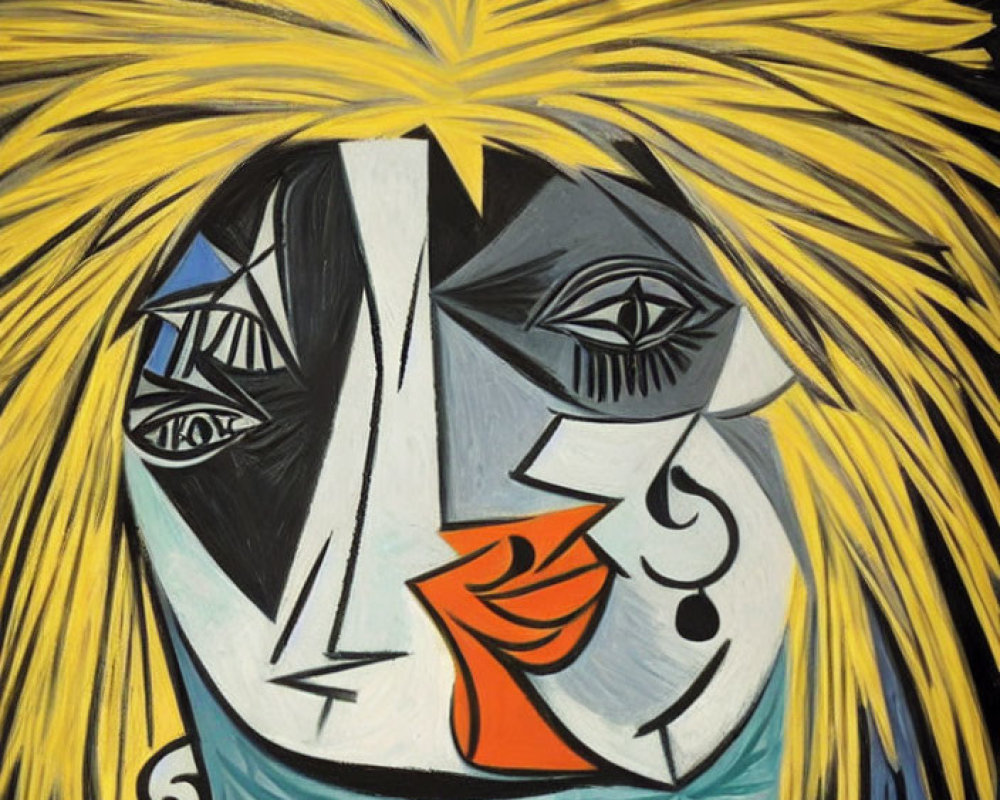 Cubist abstract painting of fragmented face in yellow, black, white, blue, and orange.