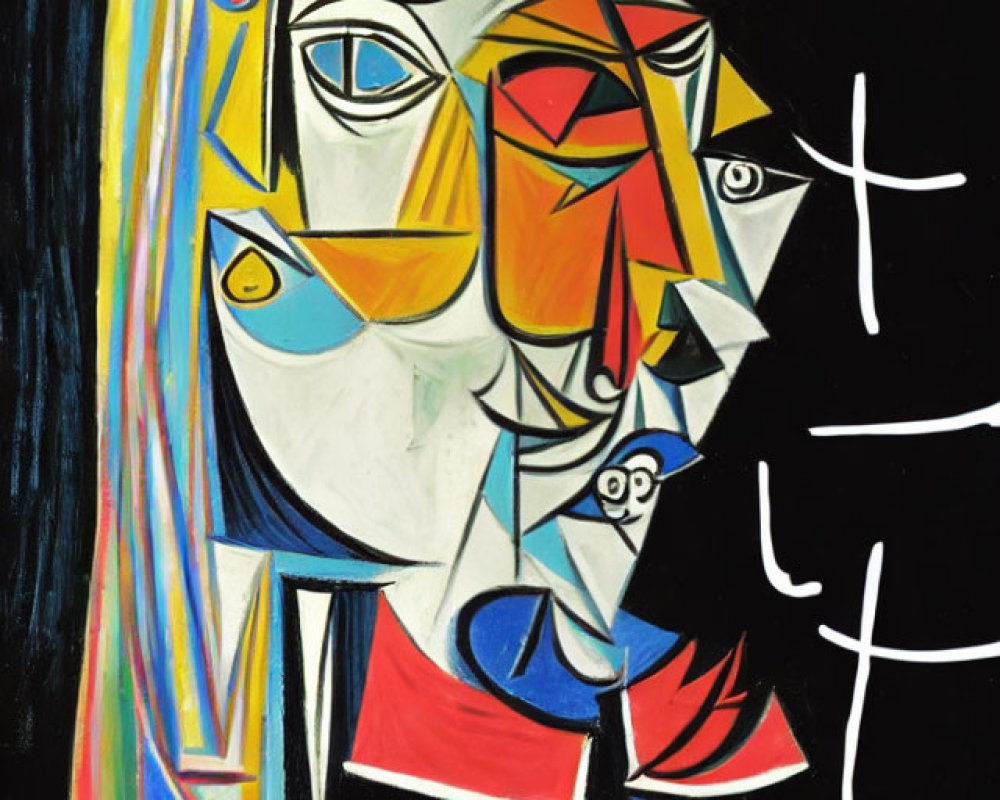 Colorful Cubist Human Face on Black Background with Geometric Shapes