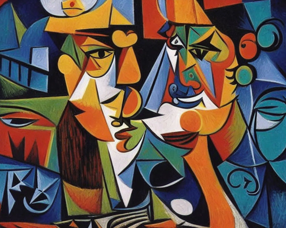 Colorful Cubist Painting with Geometric Shapes and Overlapping Faces