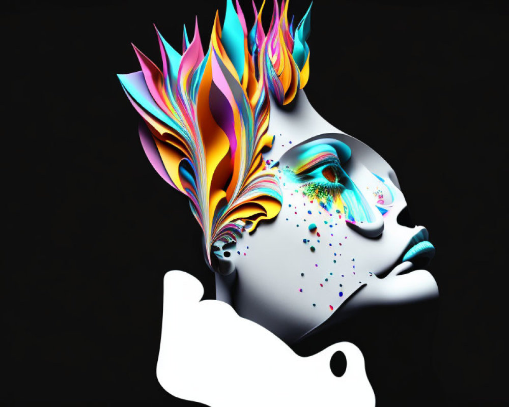 Colorful Digital Art: Stylized Face Profile with Vibrant Feather-Like Elements