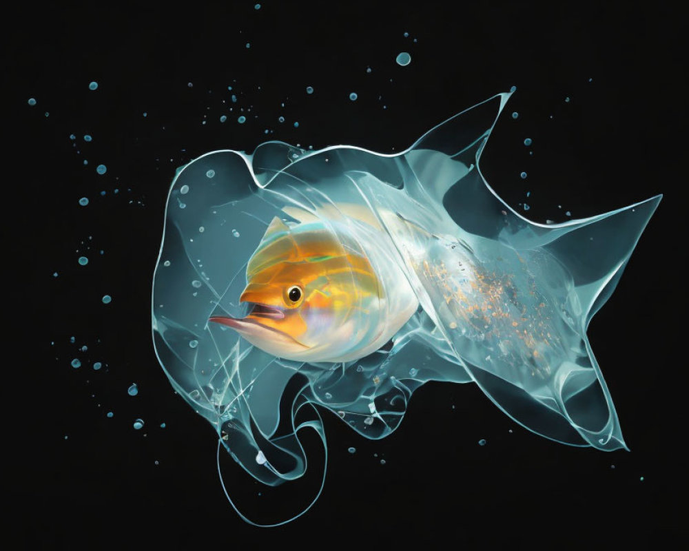 Translucent glowing fish in bubble against dark background