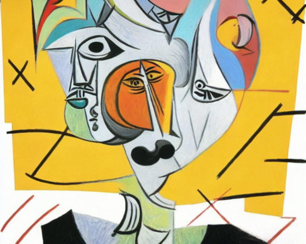 Colorful Cubist Portrait: Geometric Shapes, Vibrant Colors, Fragmented Face, Yellow Background