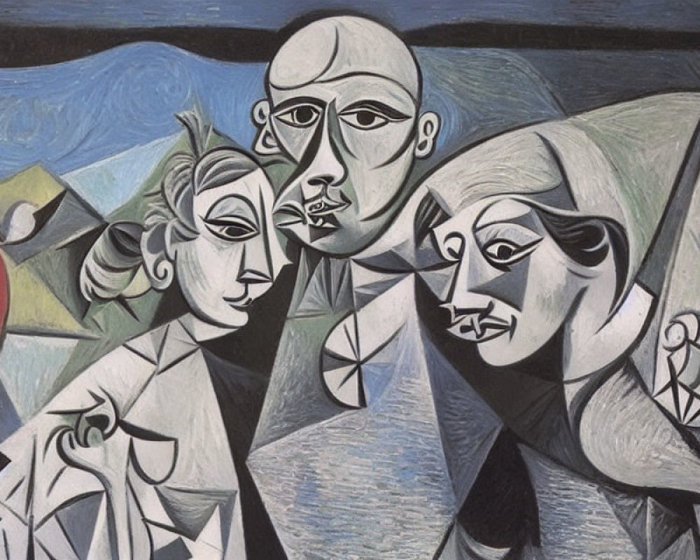 Cubist painting of three figures on blue and neutral background