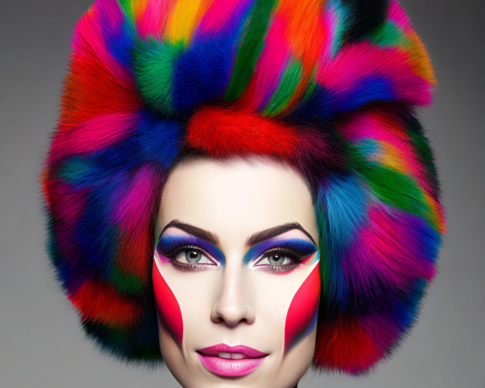 Vibrant rainbow-colored hair with bold, geometric makeup