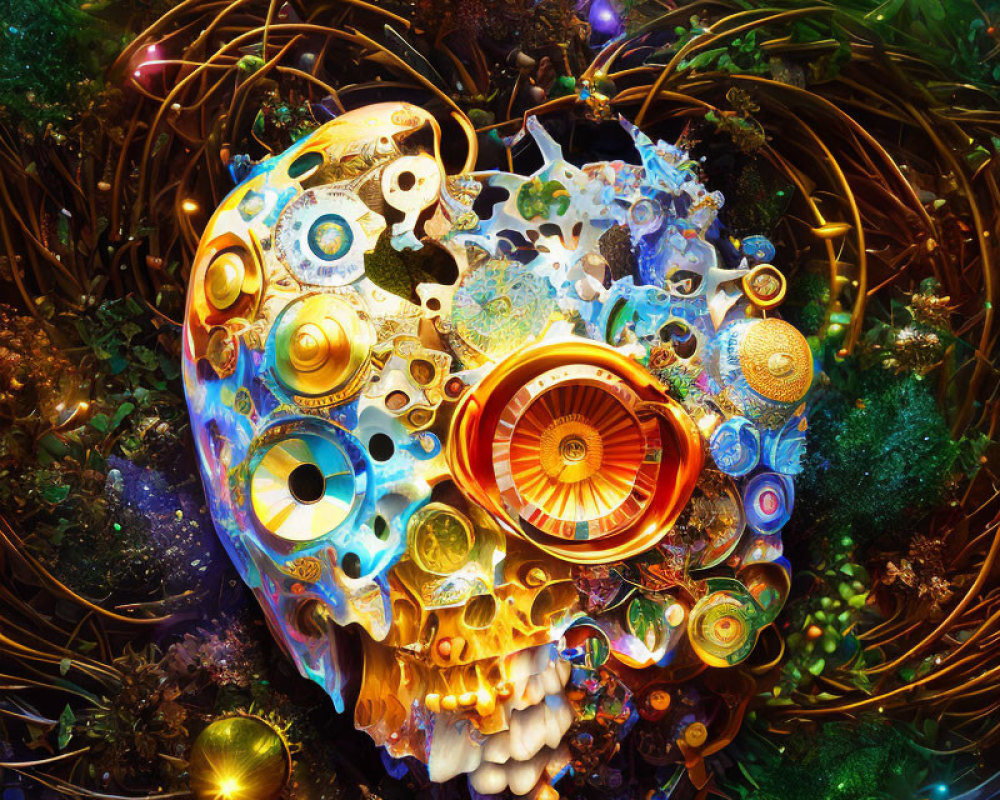 Colorful Abstract Skull Art with Mechanical and Organic Textures