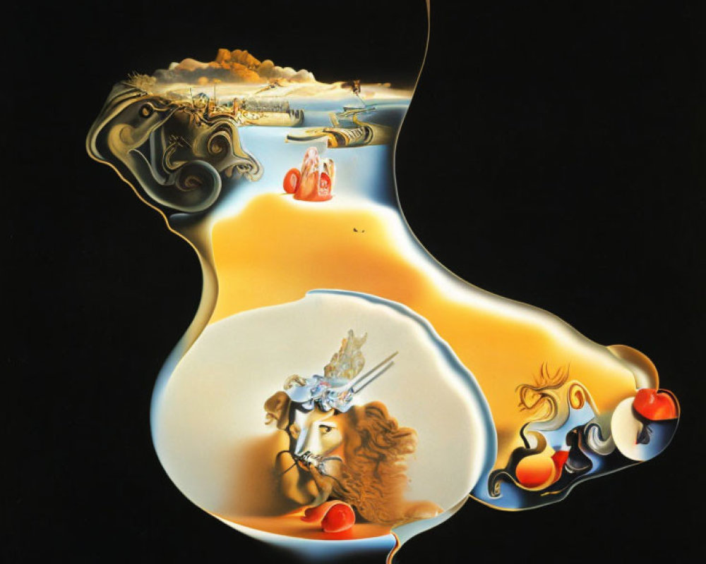 Surreal Hourglass Shape Painting with Lion, Apples, and Fantasy Elements