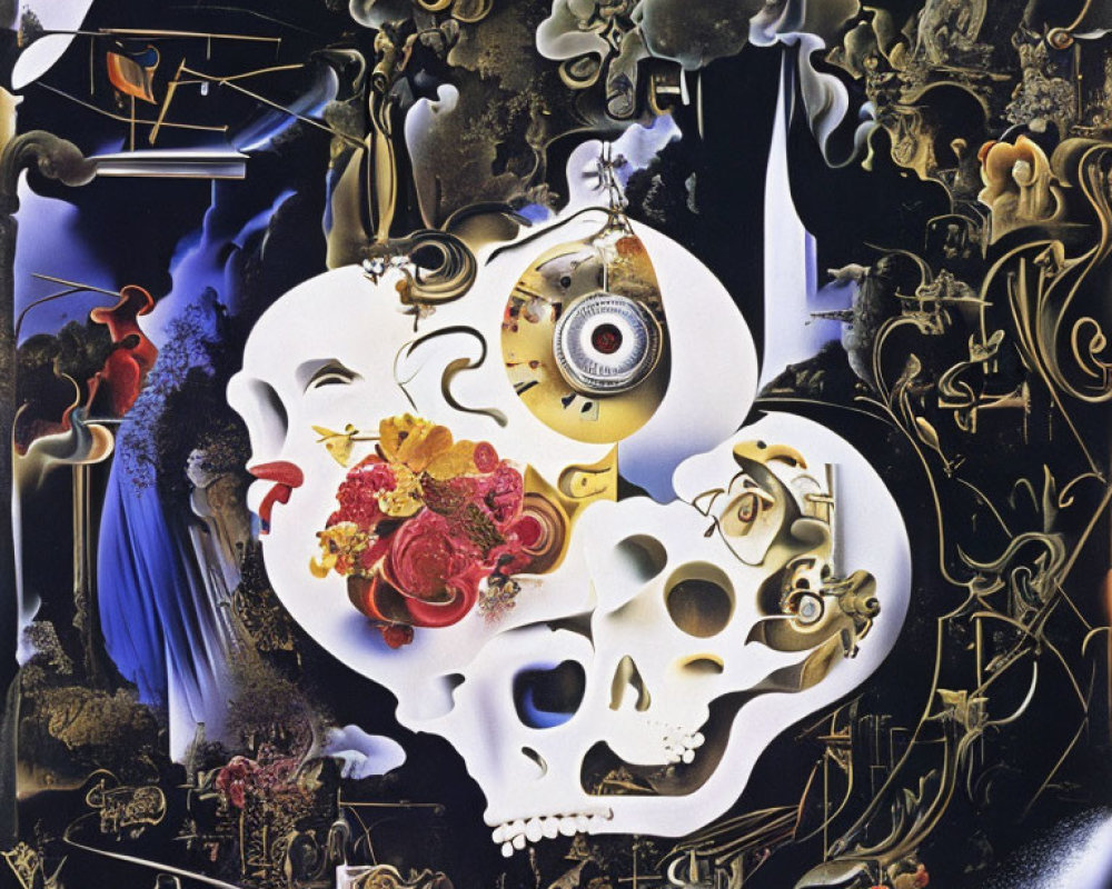 Colorful Surrealist Painting Featuring Skull and Abstract Elements