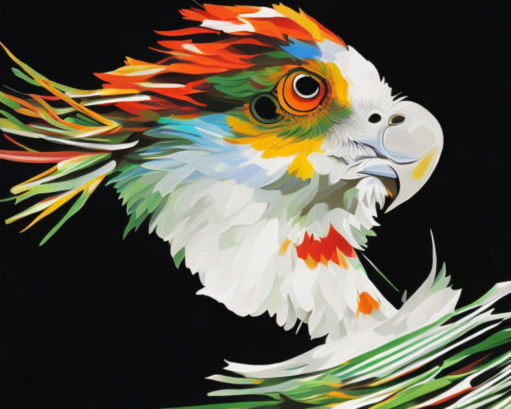 Vibrant Parrot Digital Art with Abstract Feathers on Black Background