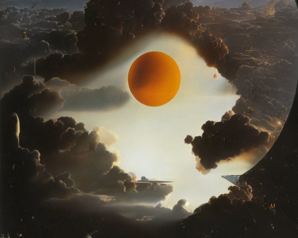 Surreal sci-fi landscape with eclipsed sun, industrial structures, people in spacesuits, and