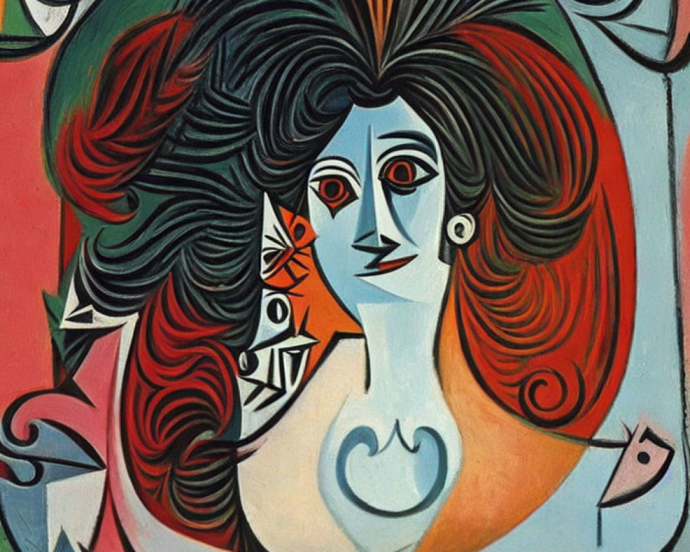 Colorful abstract portrait of woman with stylized hair and geometric shapes