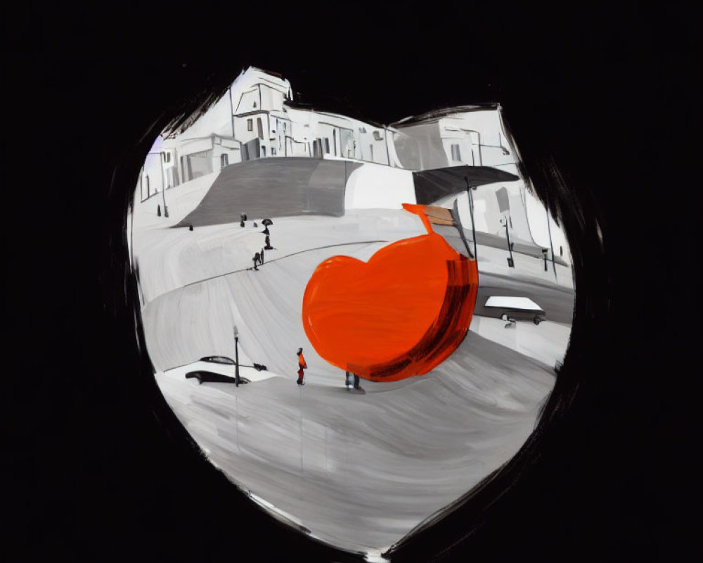 Monochrome Townscape Painting with Red Accents in Heart Shape