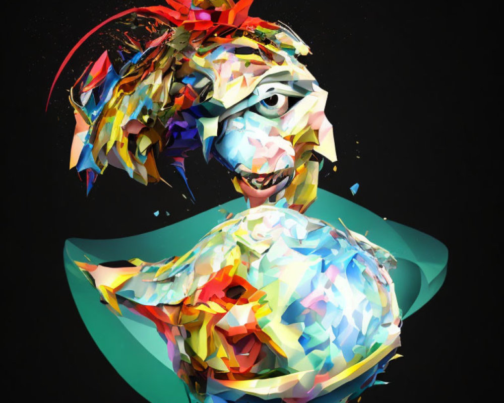 Colorful Abstract Digital Artwork of Stylized Human Face and Bust on Black Background