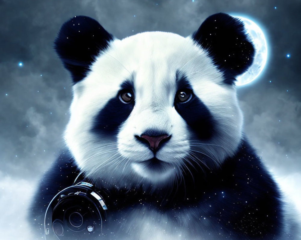 Digitally altered panda with human-like eyes and headphones in cosmic background