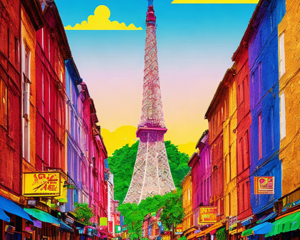 Colorful Street View Leading to Eiffel Tower Under Clear Sky