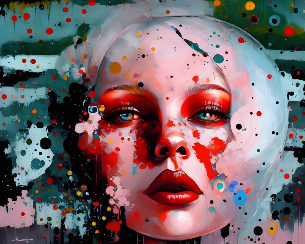 Colorful digital painting of woman's face with dramatic makeup on dark background