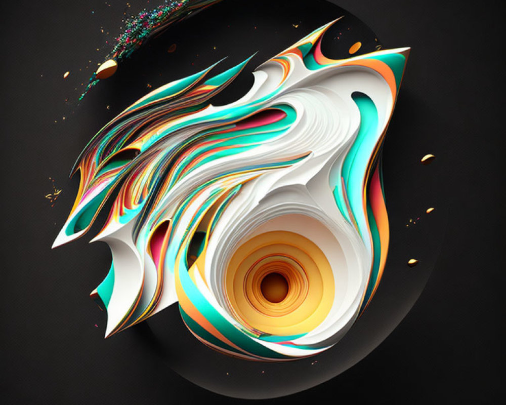 Swirling White, Orange, and Teal 3D Art on Dark Background