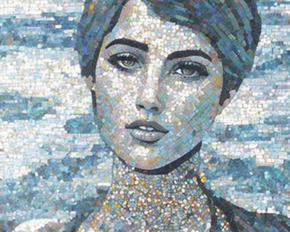 Cool-Toned Mosaic Portrait of Woman with Short Hair