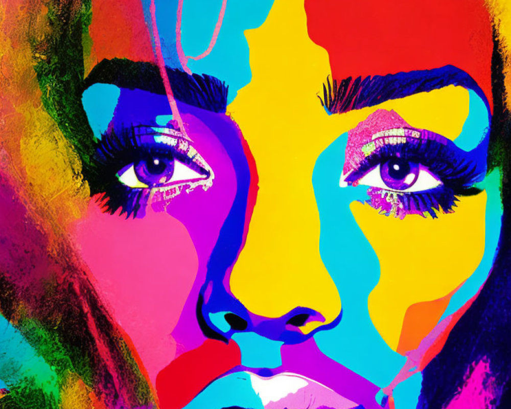 Colorful Pop Art Portrait of Woman with Expressive Eyes and Full Lips