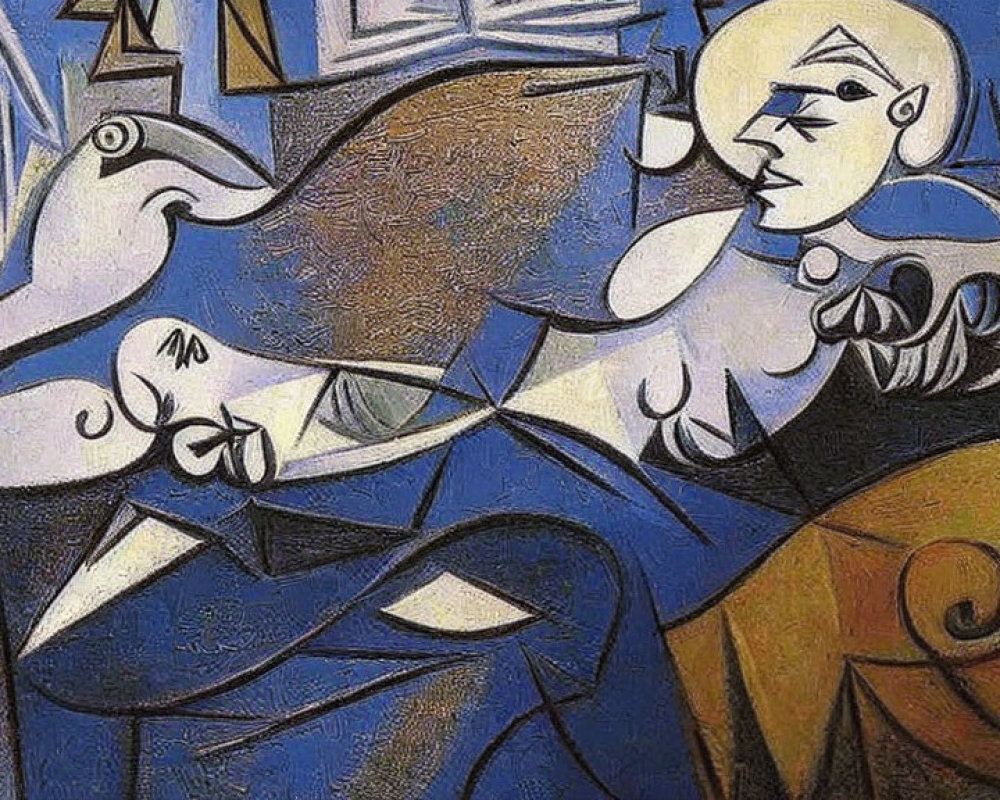 Cubist Painting of Woman and Bird in Blue and Tan Shades