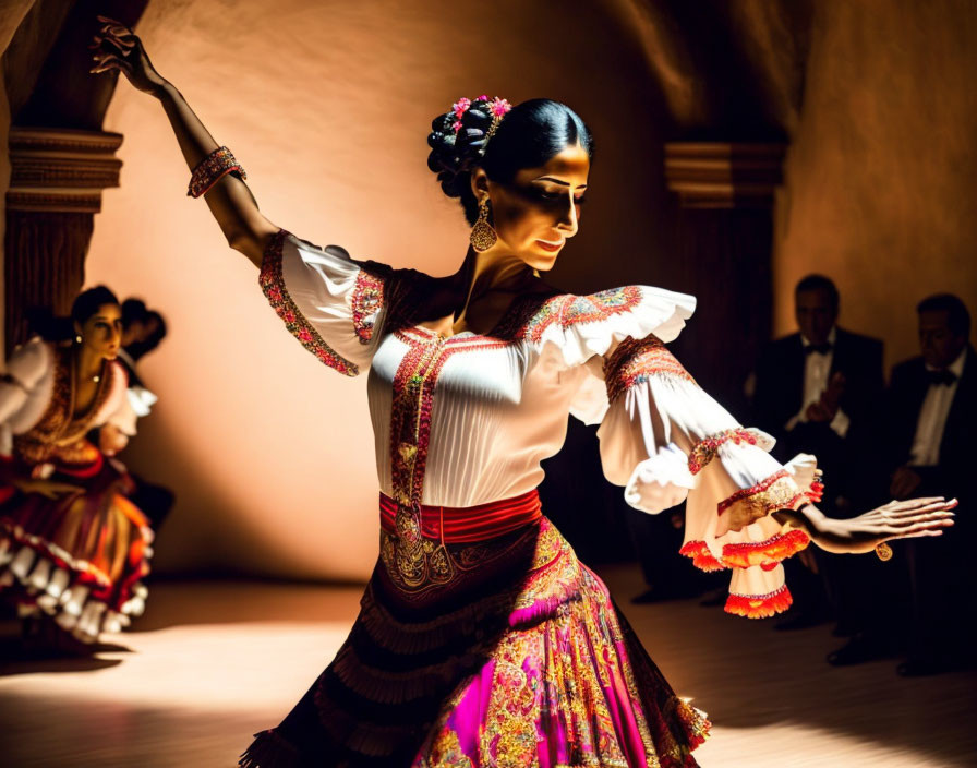 Traditional flamenco dancer in costume with musicians under warm stage lighting