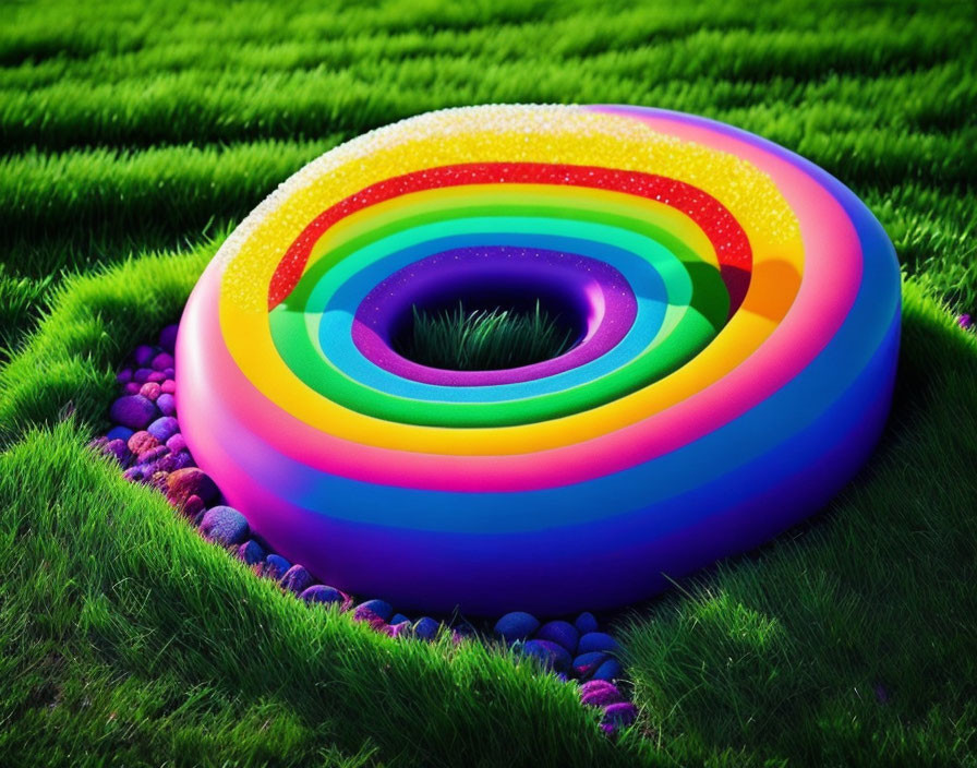 Colorful Rainbow Pattern Inflatable Ring on Green Grass with Purple Balls